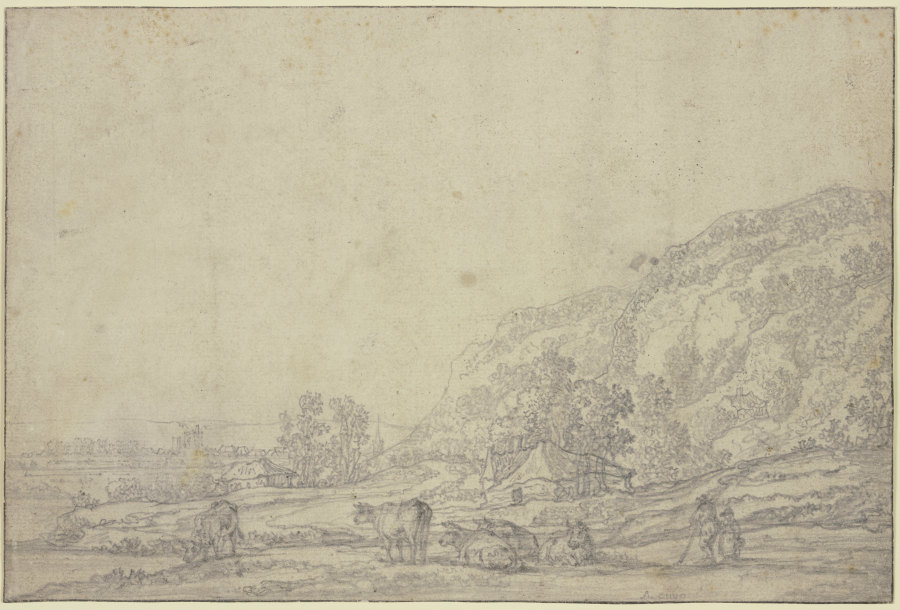Landschaft mit zwei Hütten, rechts hohe Berge, vorne fünf Kühe from Aelbert Cuyp