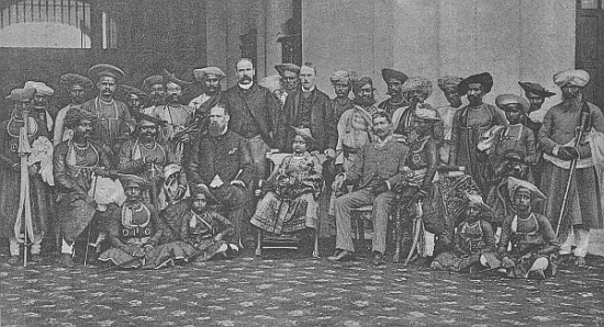 The Young Maharaja of Gwalior with his guardian Sir Lepel Griffin and court, c.1886 from (after) English photographer