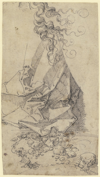 Gewandstudie, darüber Haarlocke, zuunterst ein Geländestück from Albrecht Dürer