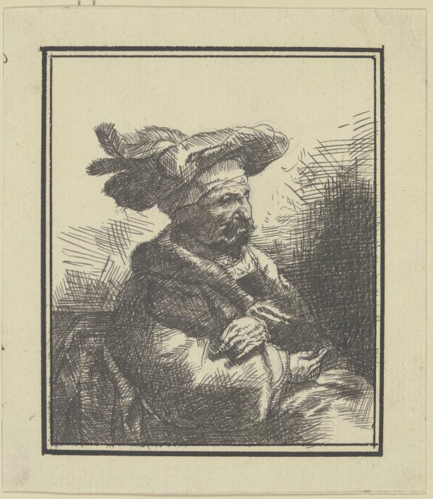 Ein Mann im Pelzrock und Federhut, sitzend, im Profil nach rechts from Anonym