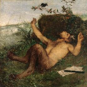 Faun, einer Amsel zupfeifend