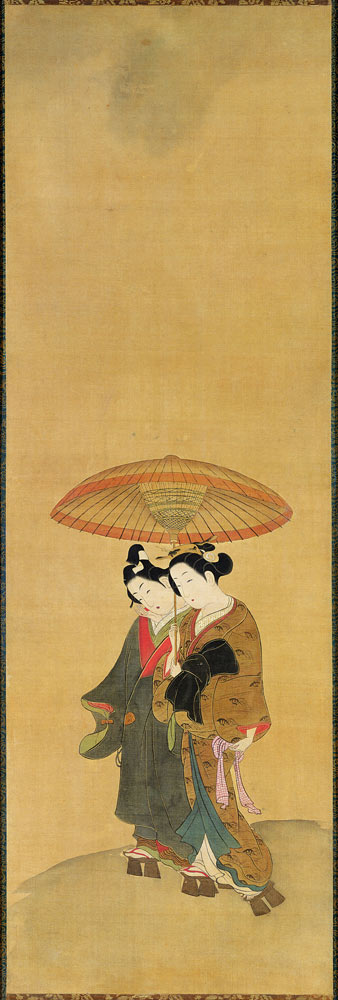 Two Lovers under an Umbrella (ink & colour on silk) from (attributed to) Toyonobu Ishikawa