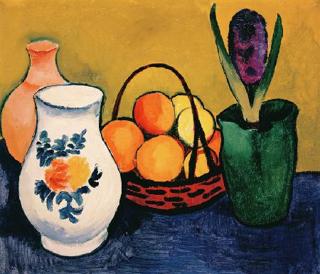 White jug with flowers and fruits
