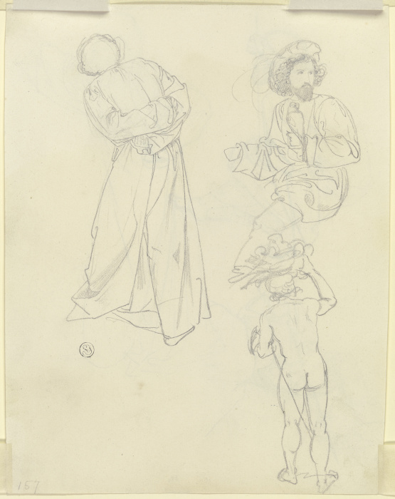 Stehende Figur im langen Mantel, sitzender Mann mit Barett und Falken auf der Hand, Rückenakt mit Bü from Carl Philipp Fohr