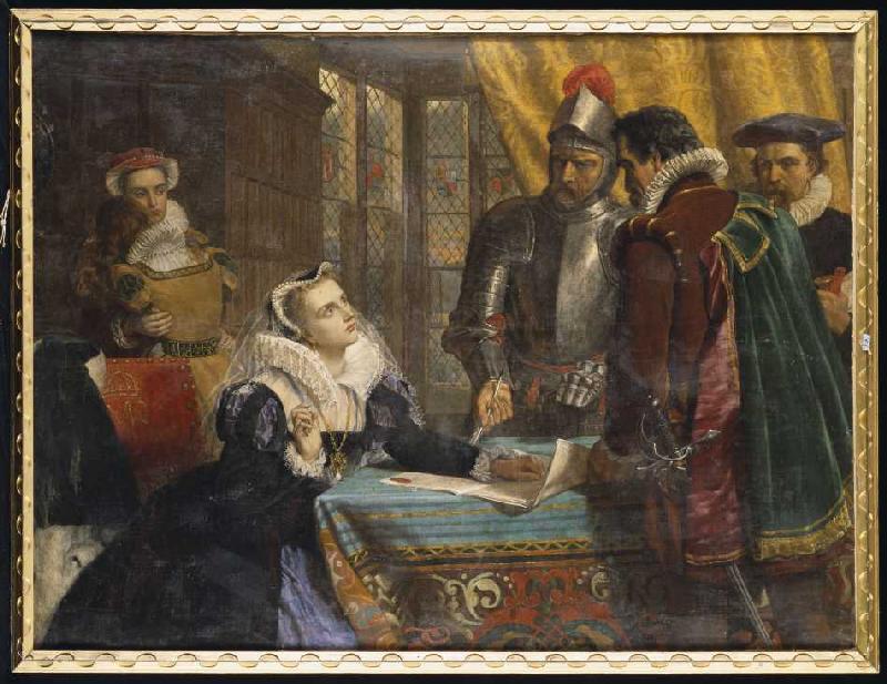 The forced abdication of the queen Maria of Scotland in the castle Lochleven on July 25th, 1567 from Charles Lucy