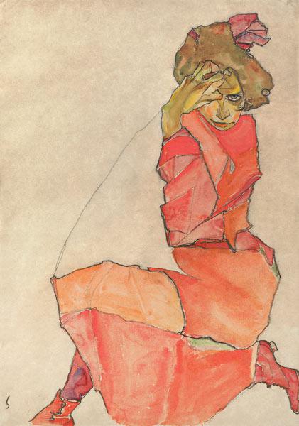 Kneeling Woman in Orange-Red Dress