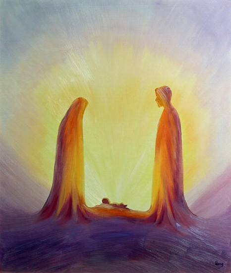 Mary and Joseph look with faith on the child Jesus at his Nativity, 1995 (oil on panel)  from Elizabeth  Wang