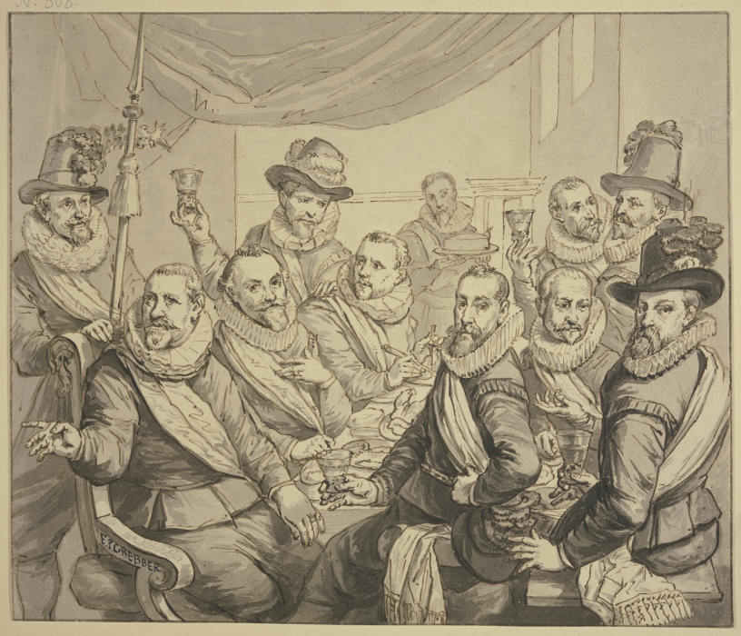 Eine Gesellschaft Offiziere bei Tische, links ein Hellebardier from Franz Pietersz Grebber