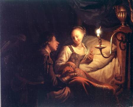 A Candlelight Scene: A Man Offering a Gold Chain and Coins to a Girl Seated on a Bed from Godfried Schalcken