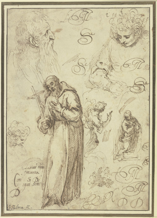 Study sheet with St Francis, an Annunciation and three studies of heads from Jacopo Palma il Giovane