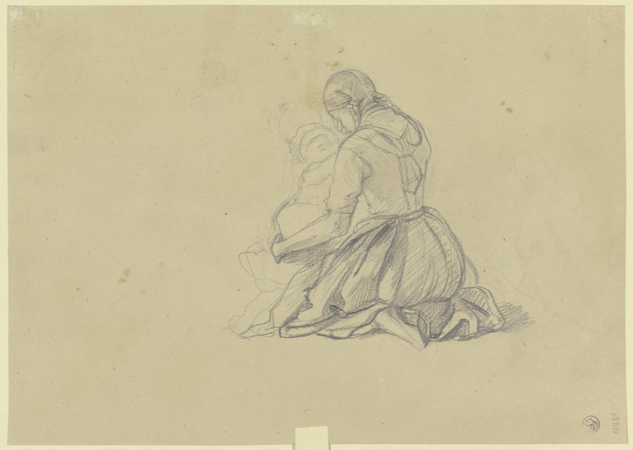 Kniendes Mädchen, die Augen mit seiner Rechten bedeckend, mit einem Kleinkind im linken Arm from Jakob Becker