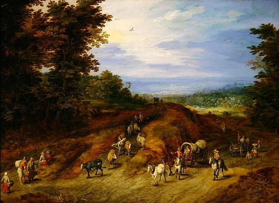 Landscape with peasants, carts and animals (oil on copper) from Jan Brueghel d. Ä.