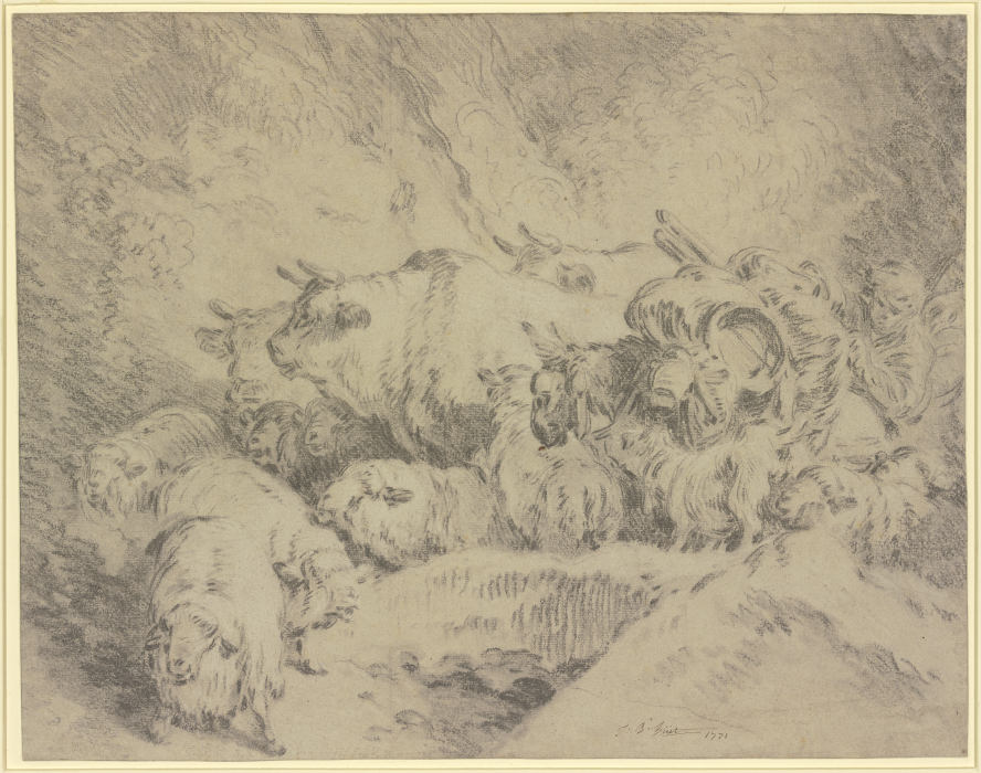 Ein Hirte mit einem bepacktem Esel treibt Ochsen und Schafe vor sich her from Jean-Baptiste Huet