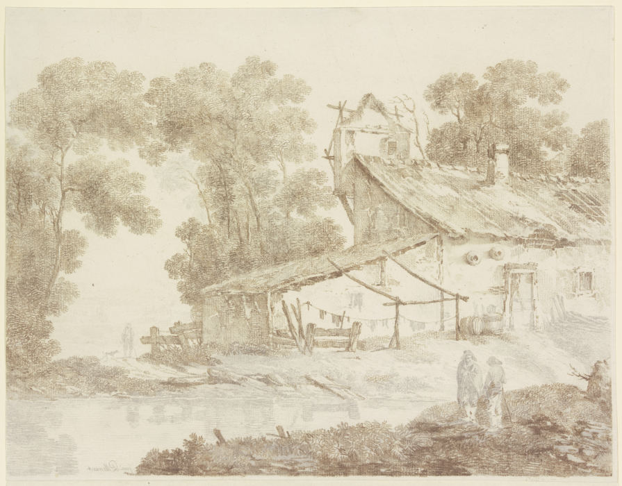 Ärmliches Bauernhaus an einem Gewässer, mit aufgehängter Wäsche from Jean Pillement