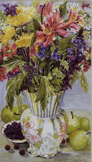 Blackberries and Apples with a Jug of Mixed Flowers (w/c)  from Joan  Thewsey