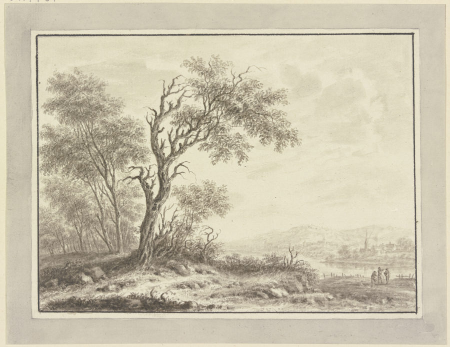 Baumgruppe an einem Flußufer, im Hintergrund ein Dorf - Johann Caspar  Zehender as art print or hand painted oil.