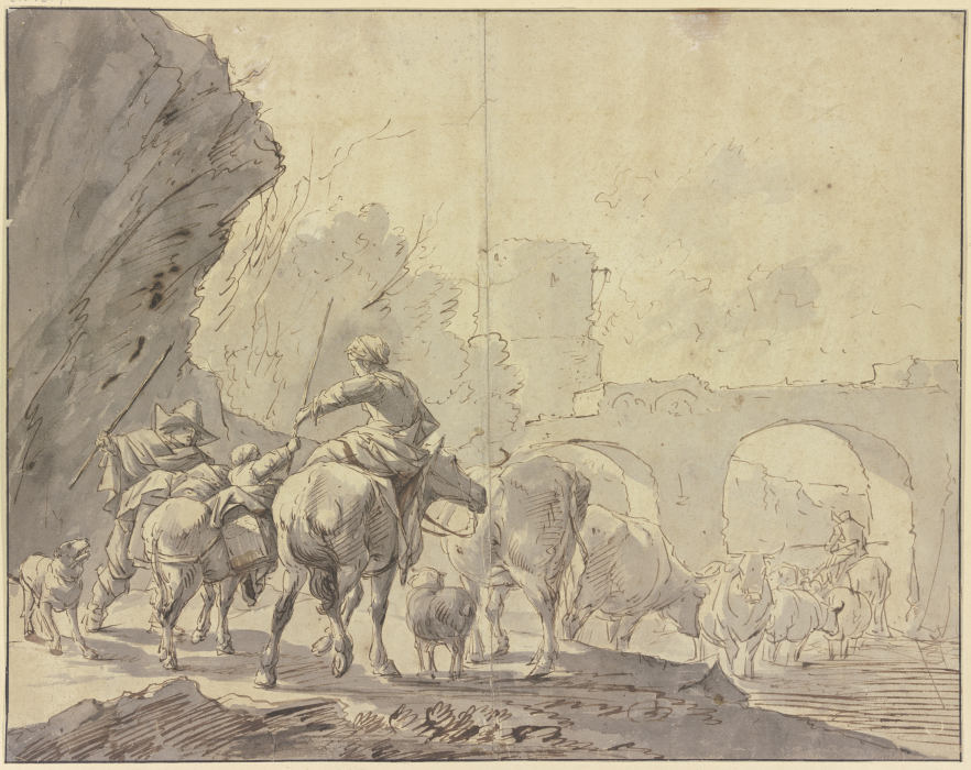 Eine Herde zieht durch Wasser unter einem Brückenbogen durch, gefolgt von einer Hirtin zu Pferde, ei from Johann Heinrich Roos