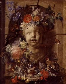 Child bust in niche adorned with flowers from Johann Rudolf Byss