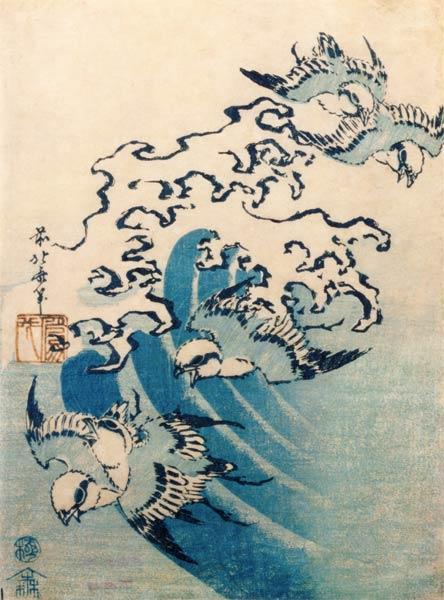 Waves and Birds, c.1825 (colour woodblock print) 1825