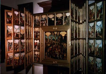 Mompelgarter Altarpiece, with central panel and six hinged side panels, all depicting scenes from th from Matthias Gerung or Gerou