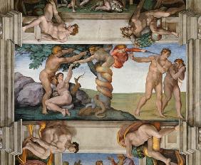 Fall of Man and expulsion from the paradise. Ceiling fresco in the Sistine chapel in Rome