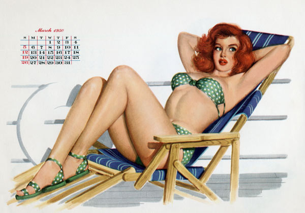 Pin up in bikini on a deckchair on a boat, tanning, from Esquire Girl calendar from 