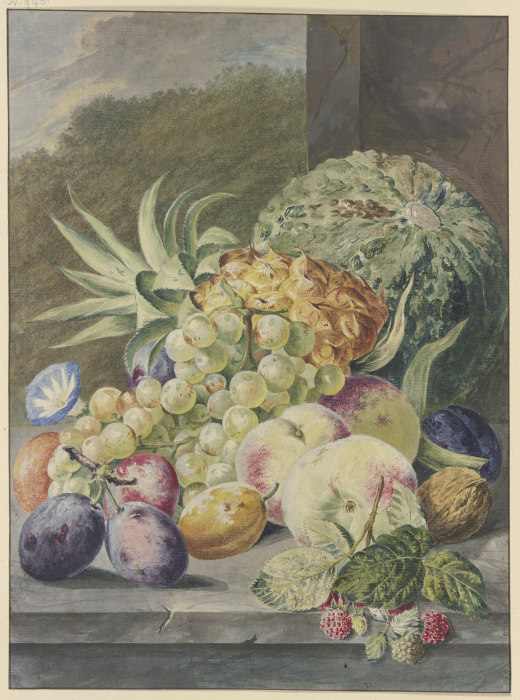 Fruchtstück, Melone, Ananas, Trauben, Pfirsiche, Pflaumen, Nüsse from Paul Theodor van Brussel