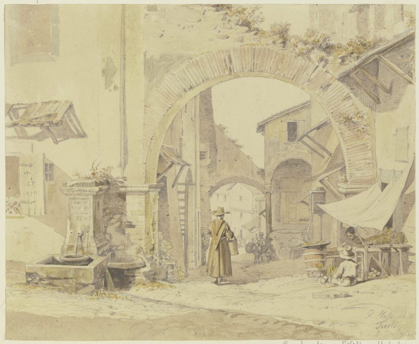 Straße in einem italienischen Städtchen (Tivoli), links ein Brunnen, rechts eine Gemüsehändlerin from Peter von Hess