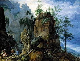 Mountains landscape with woodcutters