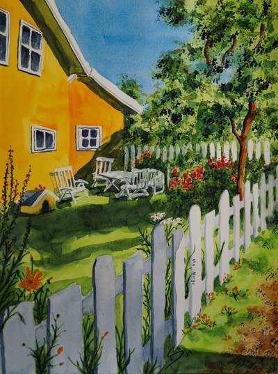 Garten mit gelben Haus in Ula, Süd-Norwegen 2021