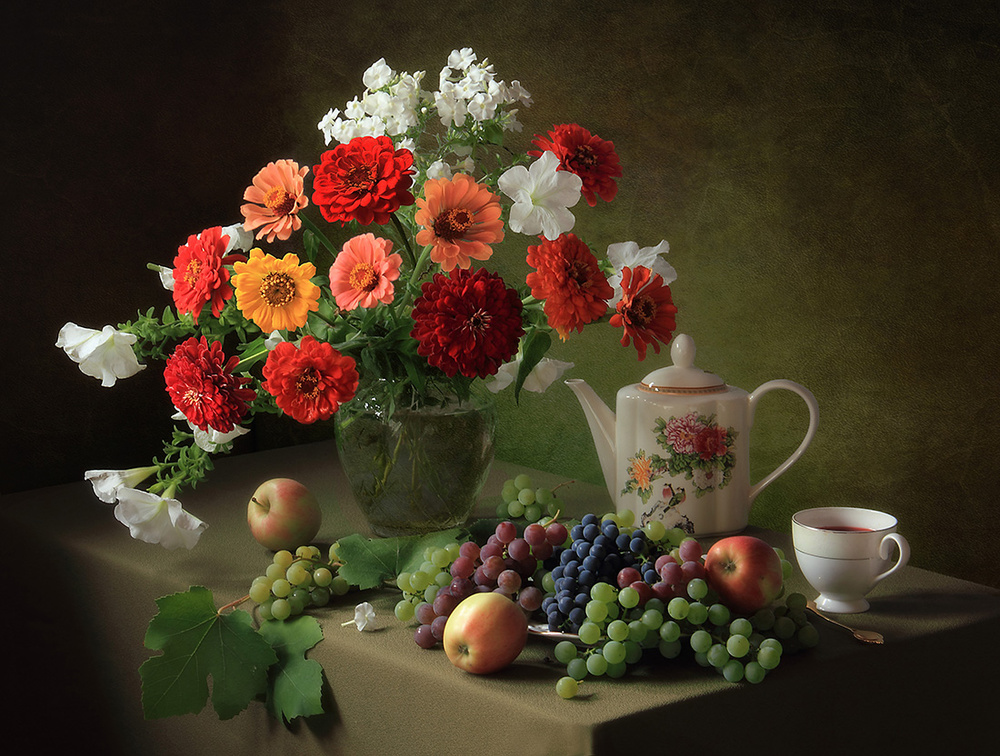 Still life with a bouquet of zinnias and fruit from Tatyana Skorokhod (Татьяна
