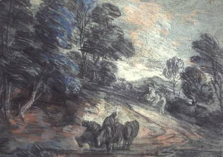 A Wooded Landscape with Horses Drinking (pastel) from Thomas Gainsborough