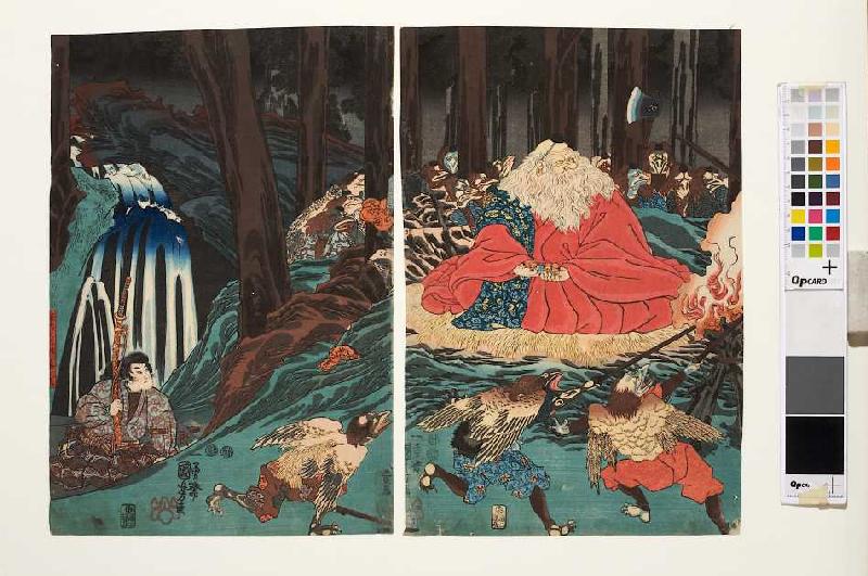 Ushiwakamaru folgt den Anweisungen des Sojobo und übt sich im Schwertkampf from Utagawa Kuniyoshi