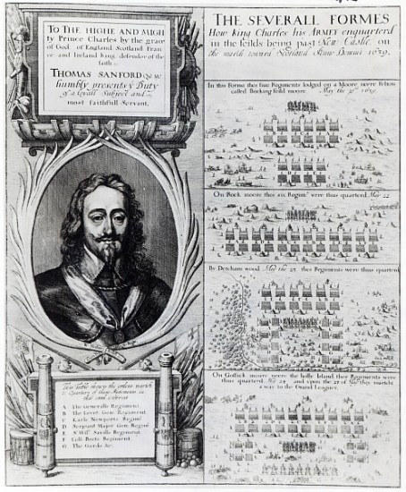 Portrait of King Charles I with diagrams showing the formation of his troops during the Bishops'' Wa from Wenceslaus Hollar